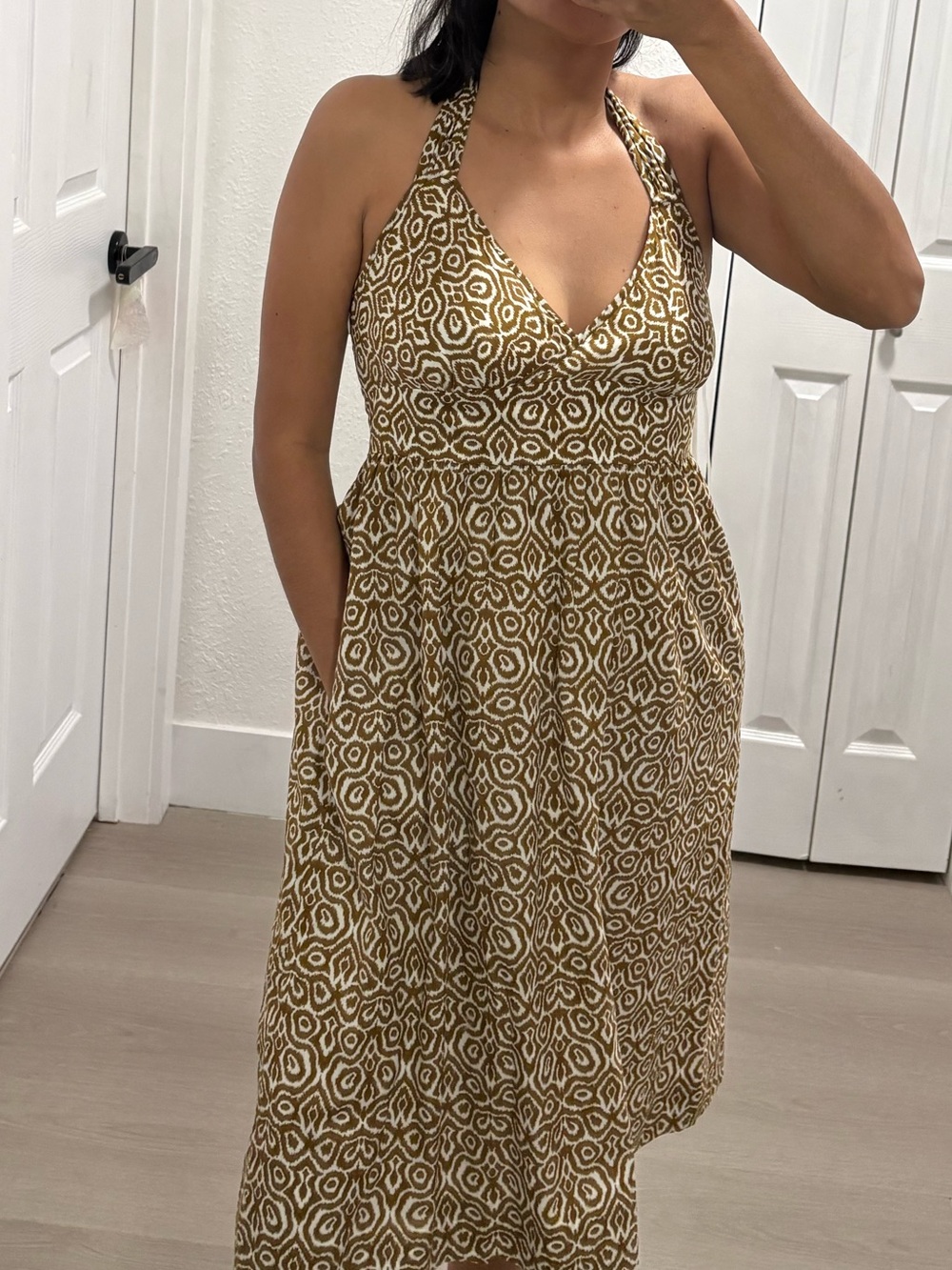 J. Crew Olive Geo Print Halter Midi Dress